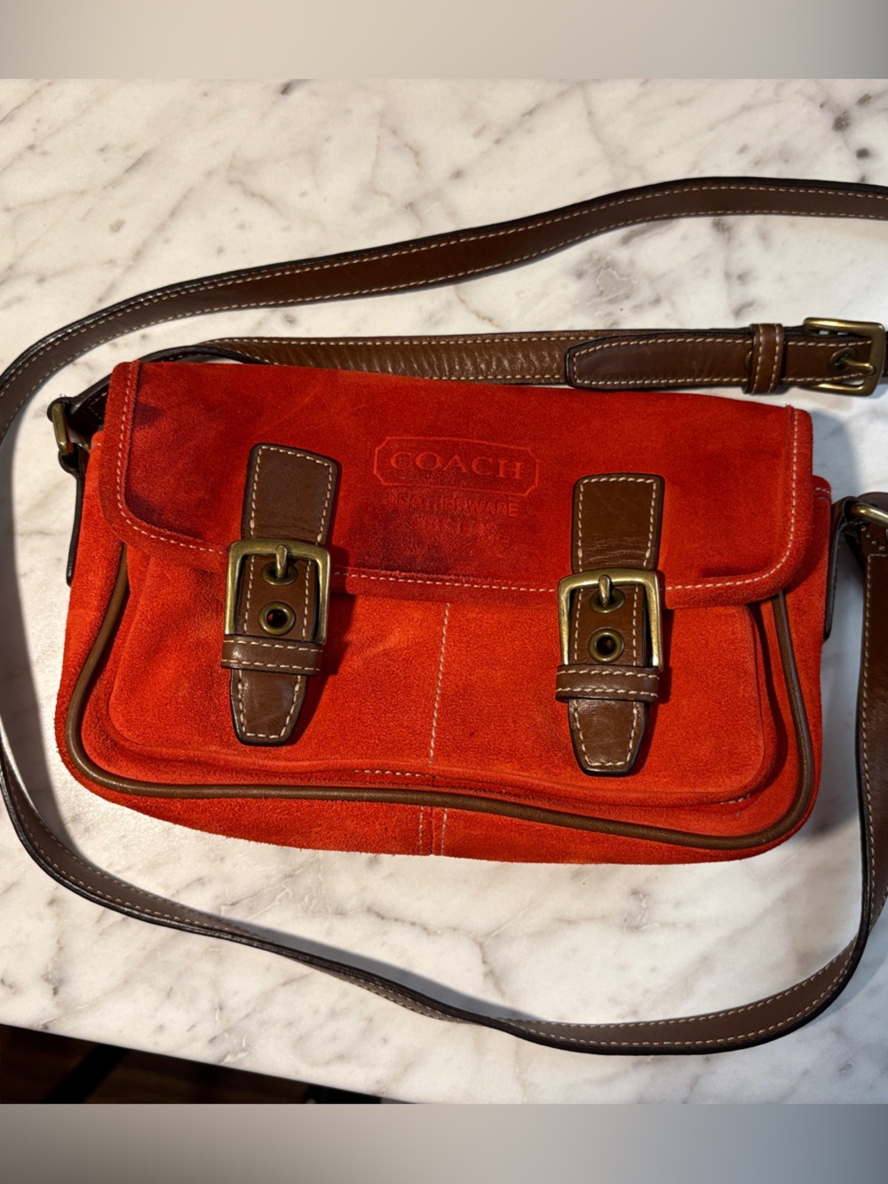 Coach Orange Suede Crossbody with Brown Leather Trim